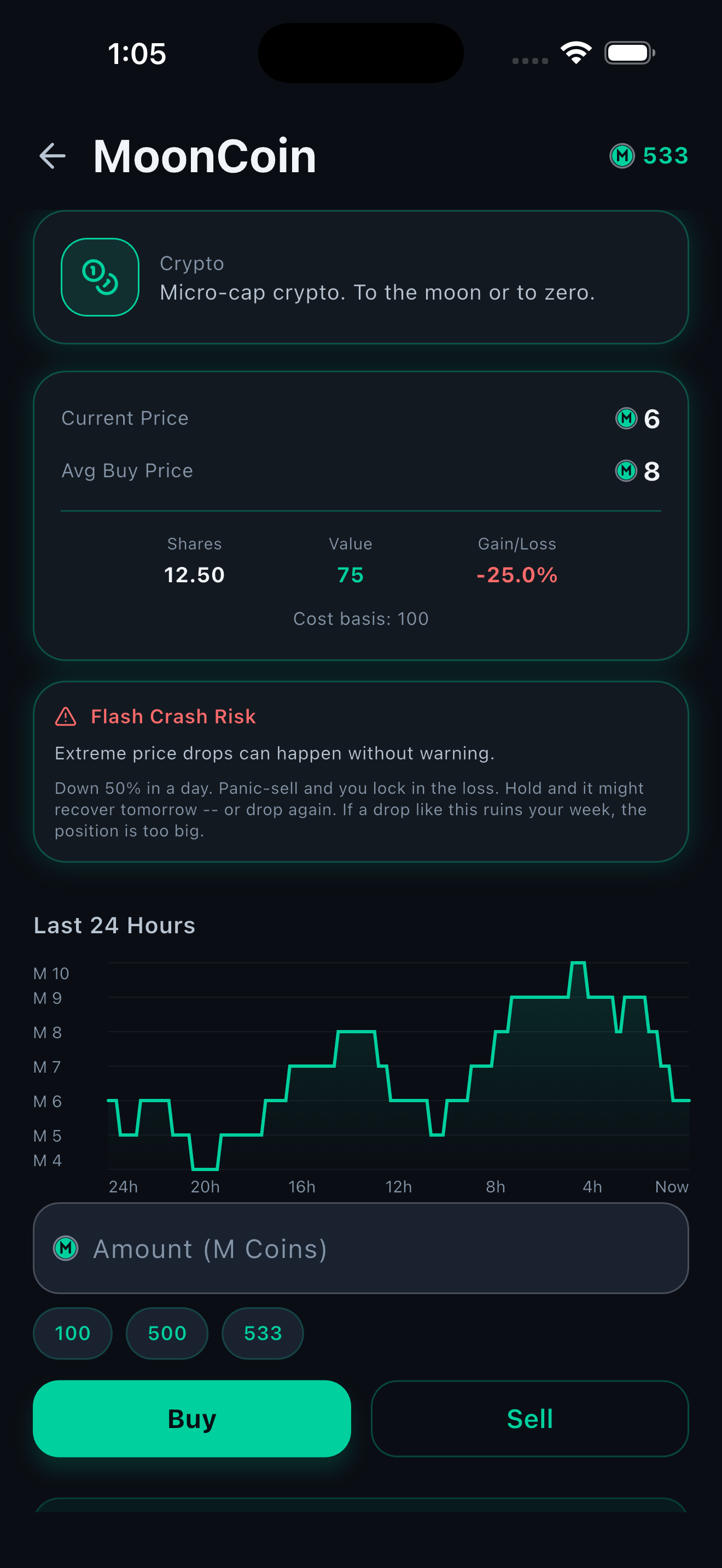 Invest tab with virtual stock market