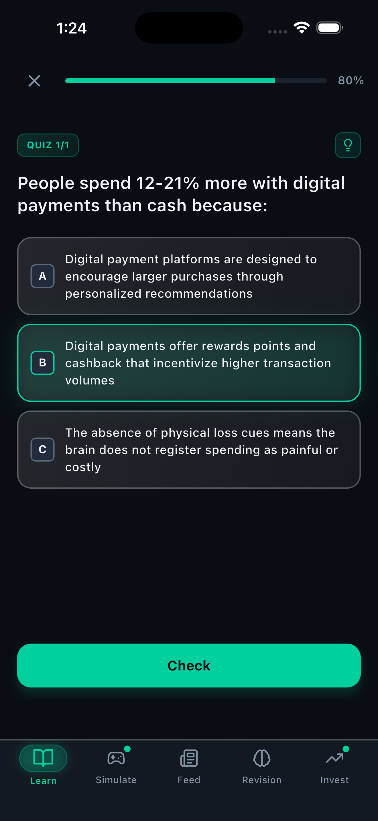 Learn tab showing money psychology lessons