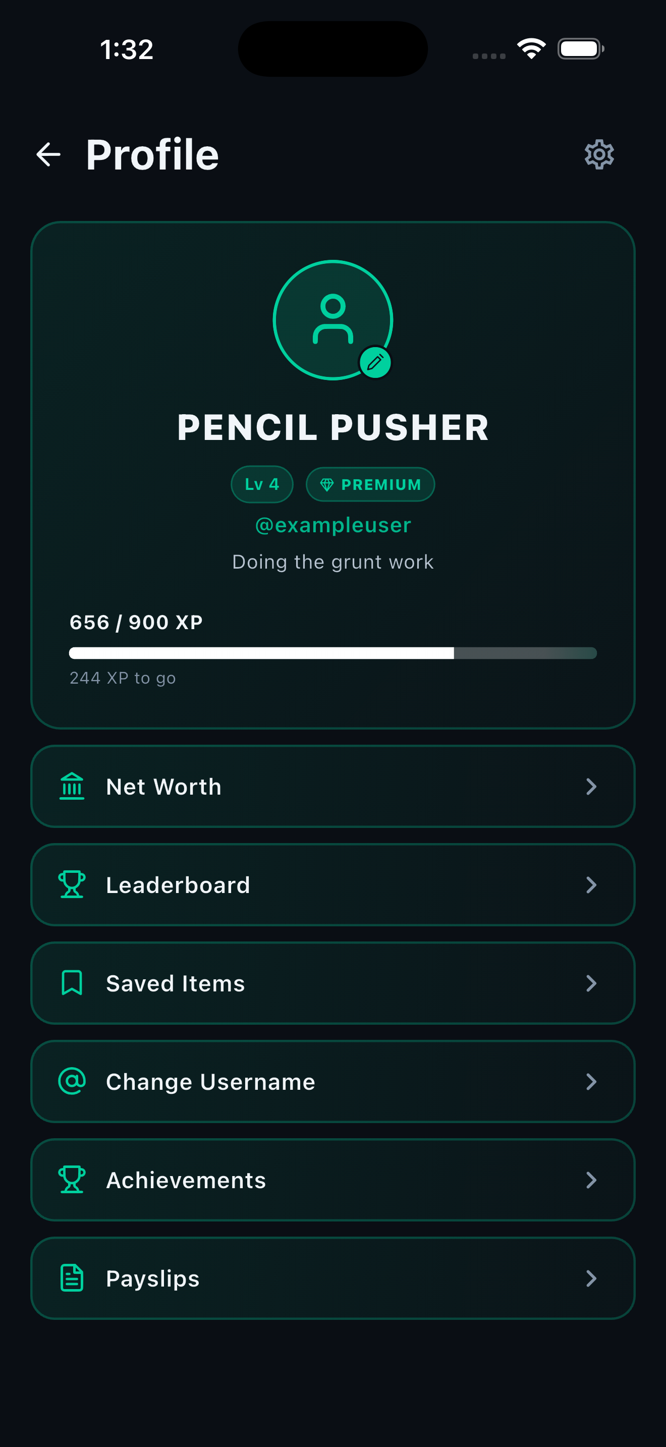 Profile with career title and stats