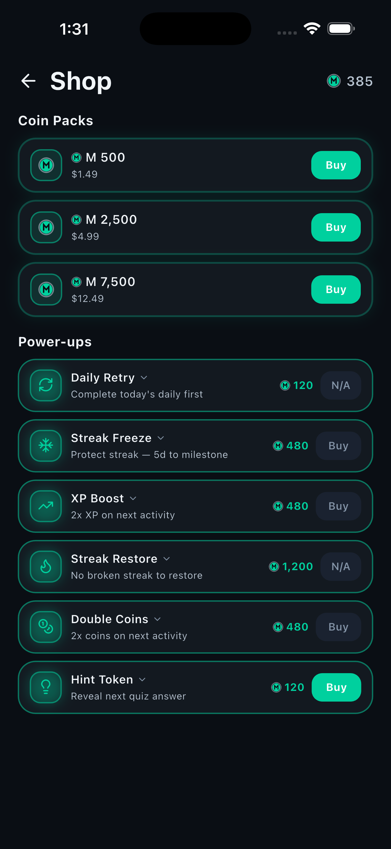 Shop with coin packs and power-ups
