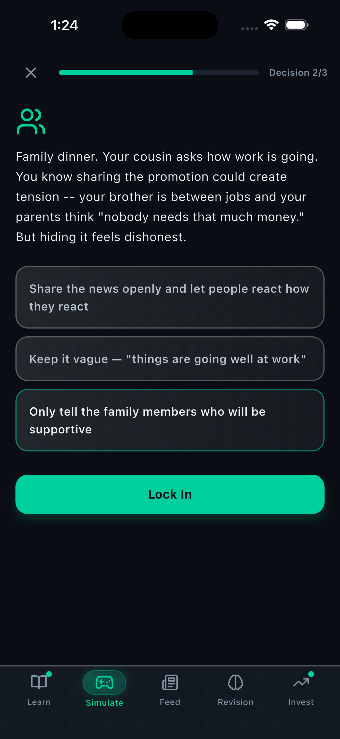 Simulate tab with financial decision scenarios